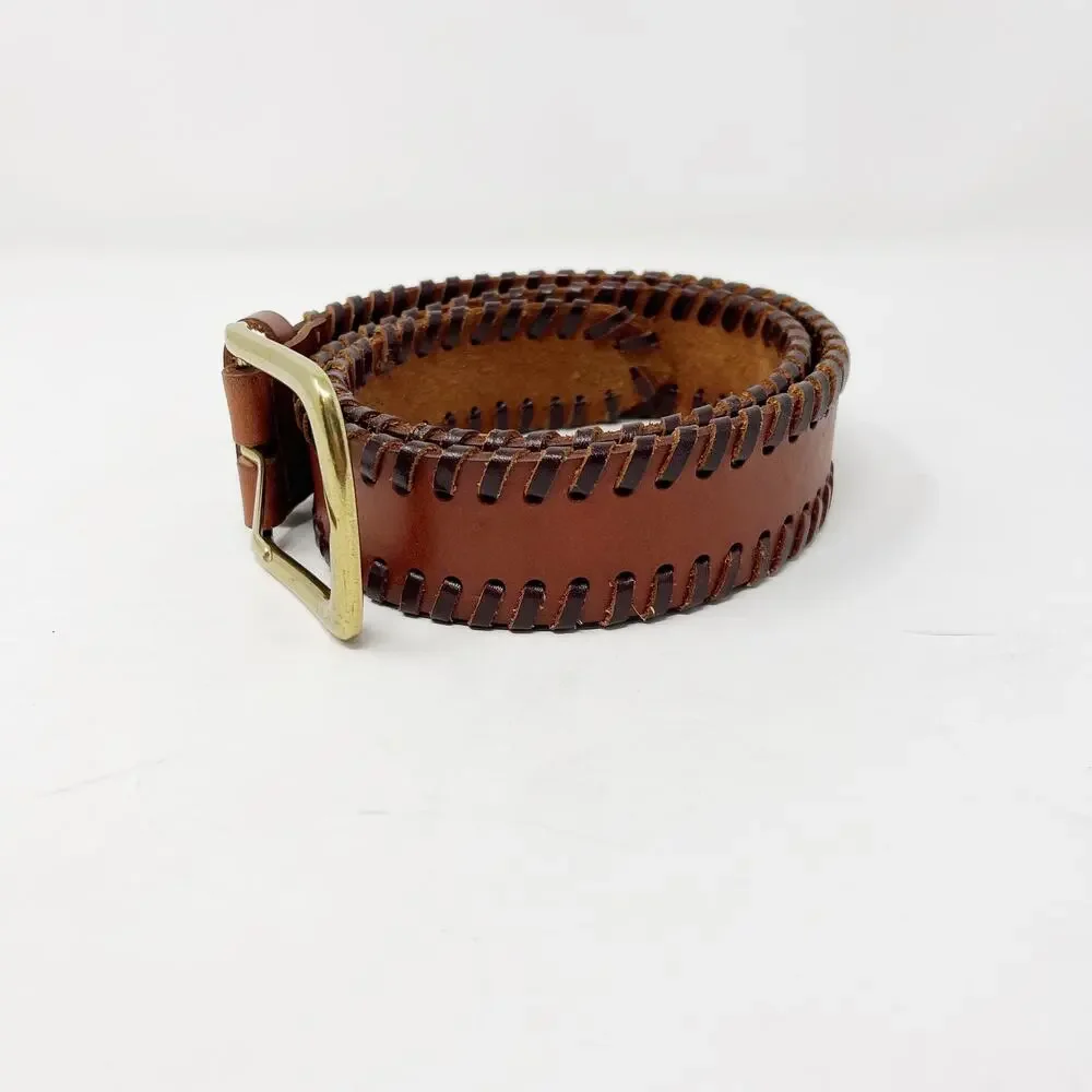 Linea Pelle Vintage Leather Braided Belt Camel Brown Gold Tone Hardware 36.5